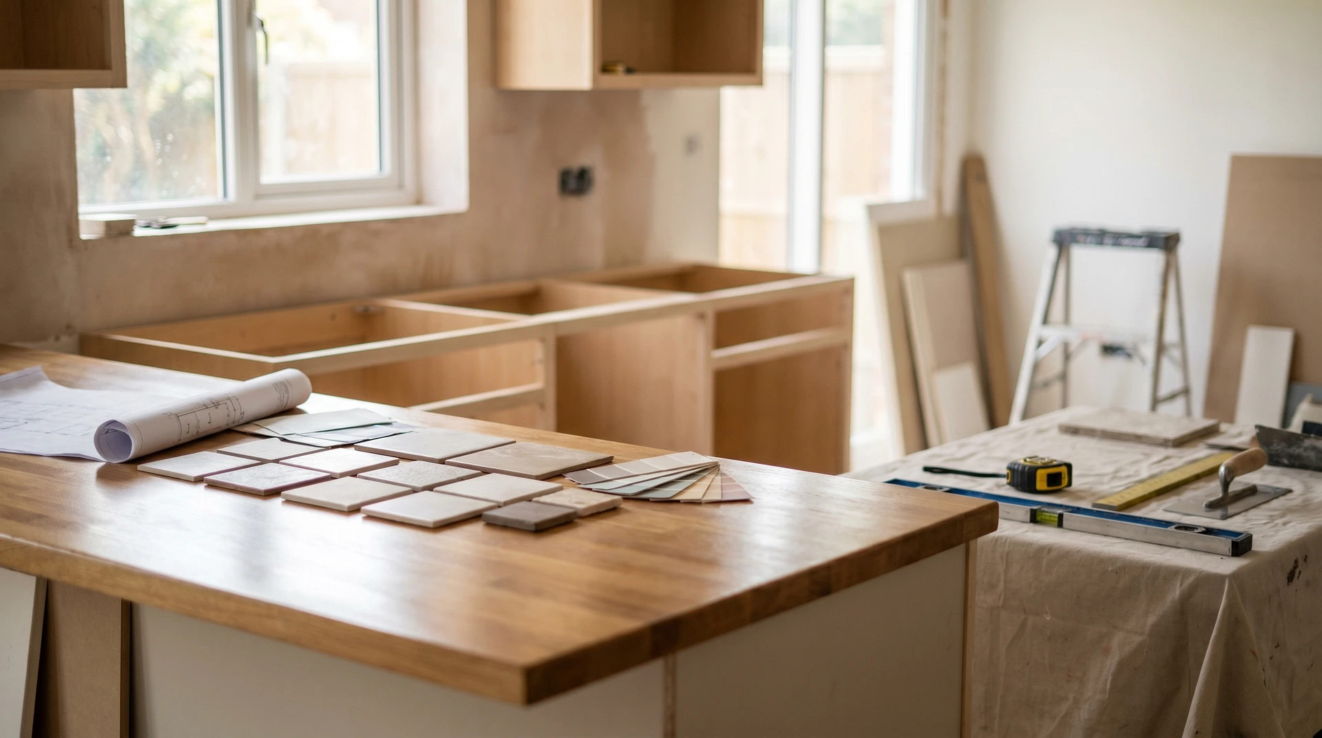 Köksrenovering med träskåp, kakelprover, ritningar och byggverktyg.